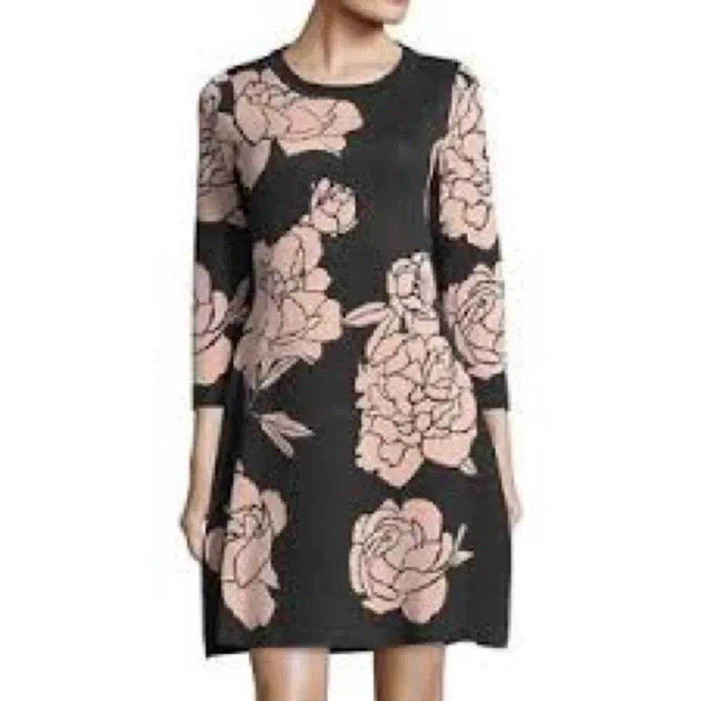 Calvin Klein Dark Grey Pink Roses Floral Sweater Dress Women’s Size XL Stretchy